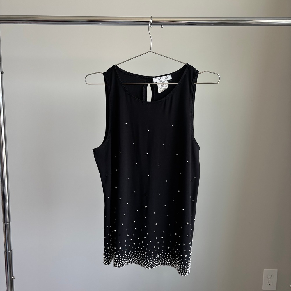 90s Vintage CHAUS New York Slinky Knit Black Pearl Sequin Tank Top Glam Medium